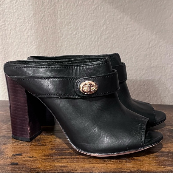 Coach size 7.5 “Orchid” Black Leather Peep Toe Clogs - Picture 8 of 13